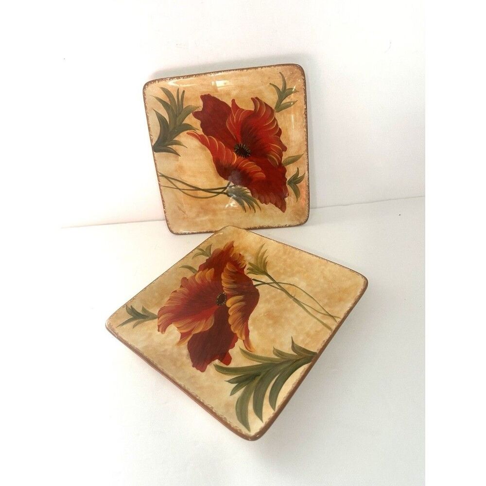 Pier 1 Imports Poppies Salad Plates 8.5 " Set (2) Earthenware Square Floral Red